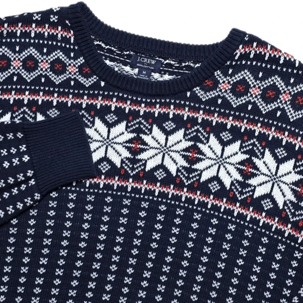 J. Crew Navy Fair Isle Snowflake Crewneck Sweater Mens Medium‎ Ribbed